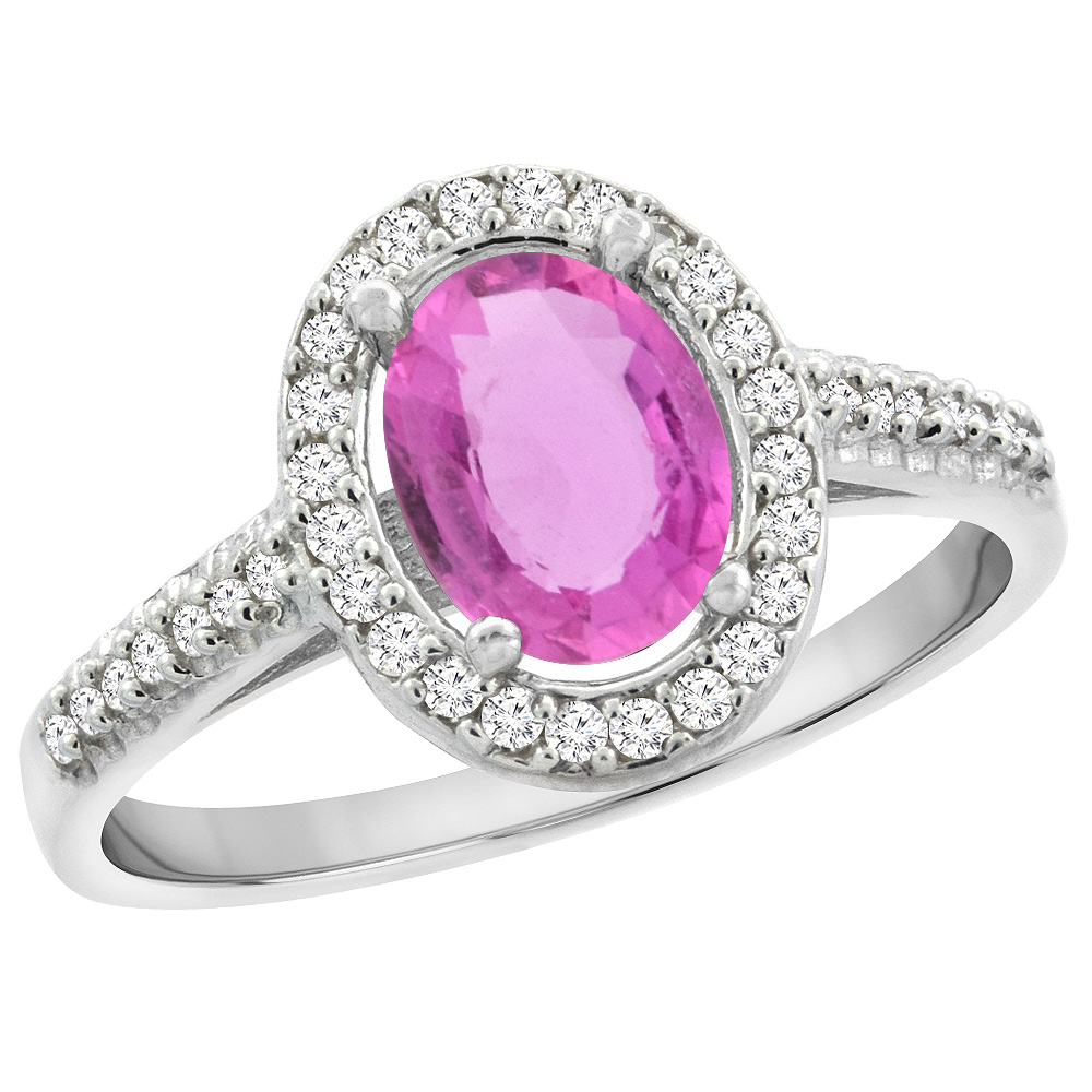 10K White Gold Natural Pink Sapphire Engagement Ring Oval 7x5 mm Diamond Halo, sizes 5 - 10
