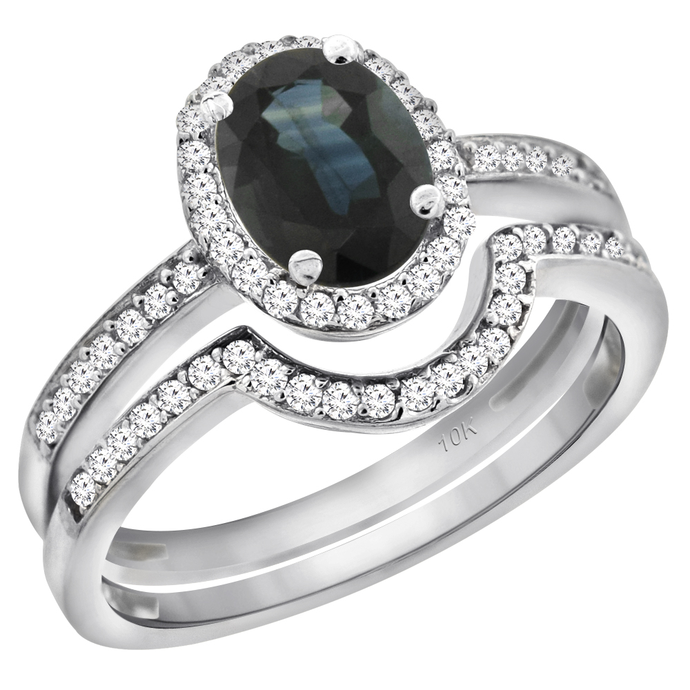 10K Yellow Gold Diamond Natural Australian Sapphire 2-Pc. Engagement Ring Set Oval 8x6 mm, sizes 5 - 10