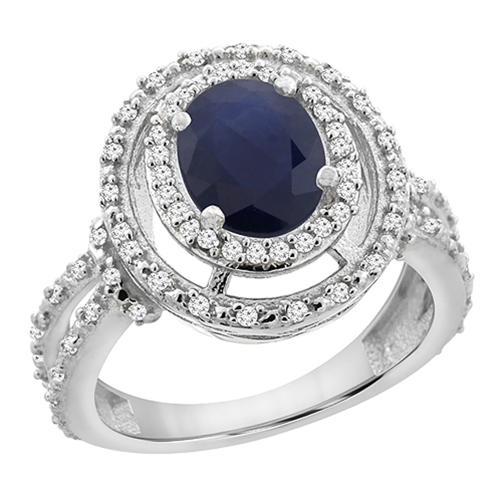 10K White Gold Natural Australian Sapphire Ring Oval 8x6 mm Double Halo Diamond, sizes 5 - 10