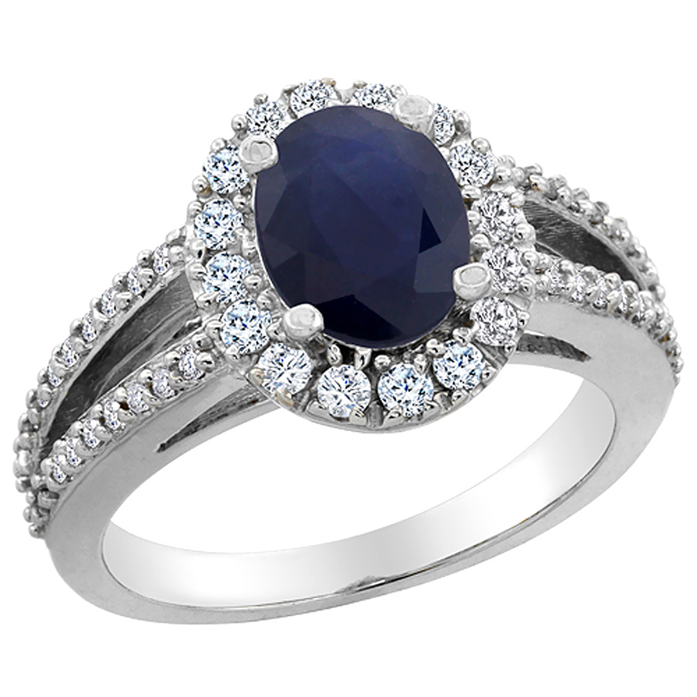 10K White Gold Natural Australian Sapphire Halo Ring Oval 8x6 mm with Diamond Accents, sizes 5 - 10