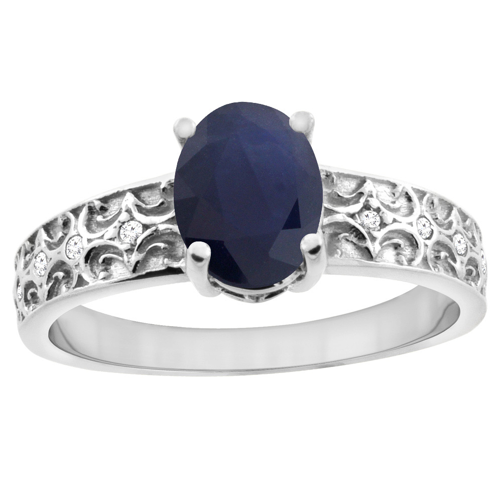 10K White Gold Natural Australian Sapphire Ring Oval 8x6 mm Diamond Accents, sizes 5 - 10