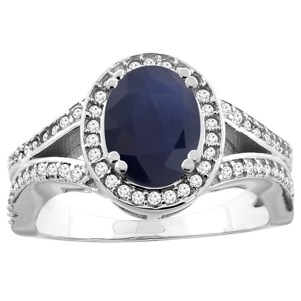 10K White/Yellow Gold Natural Australian Sapphire Split Ring Oval 8x6mm Diamond Accent, sizes 5 - 10