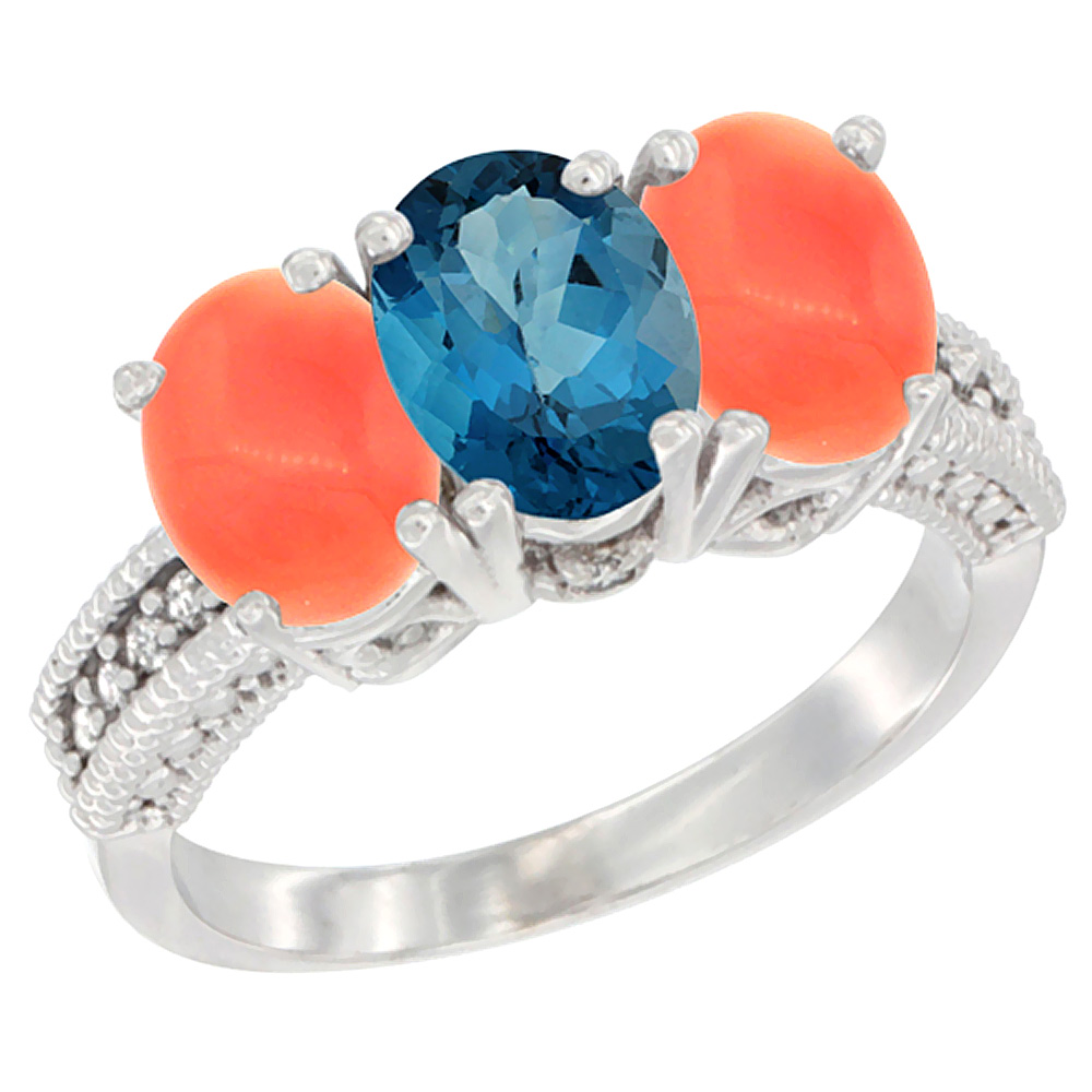 10K White Gold Diamond Natural London Blue Topaz & Coral Ring 3-Stone 7x5 mm Oval, sizes 5 - 10