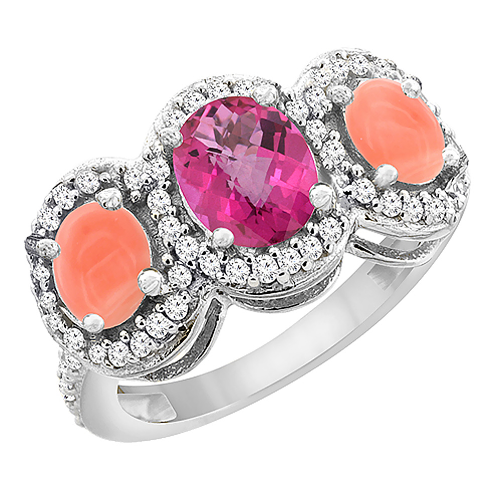 14K White Gold Natural Pink Topaz & Coral 3-Stone Ring Oval Diamond Accent, sizes 5 - 10