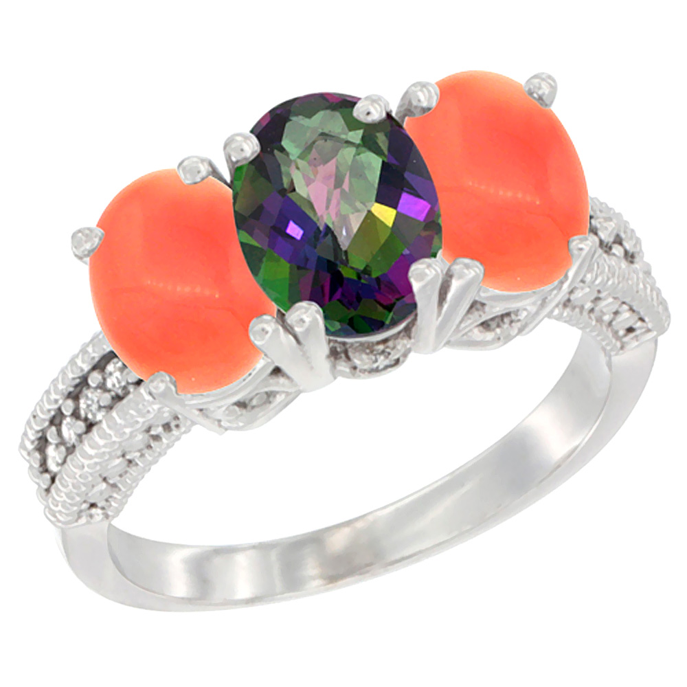 10K White Gold Diamond Natural Mystic Topaz & Coral Ring 3-Stone 7x5 mm Oval, sizes 5 - 10