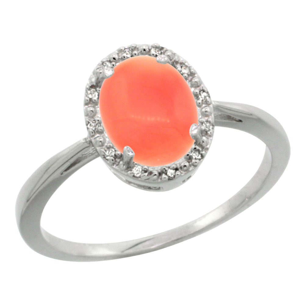 10K White Gold Natural Coral Diamond Halo Ring Oval 8X6mm, sizes 5 10