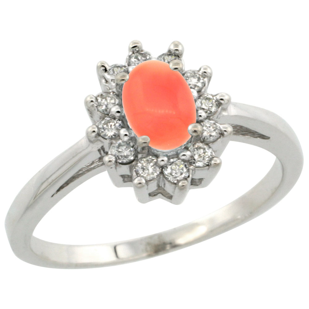 14K White Gold Natural Coral Flower Diamond Halo Ring Oval 6x4 mm, sizes 5 10