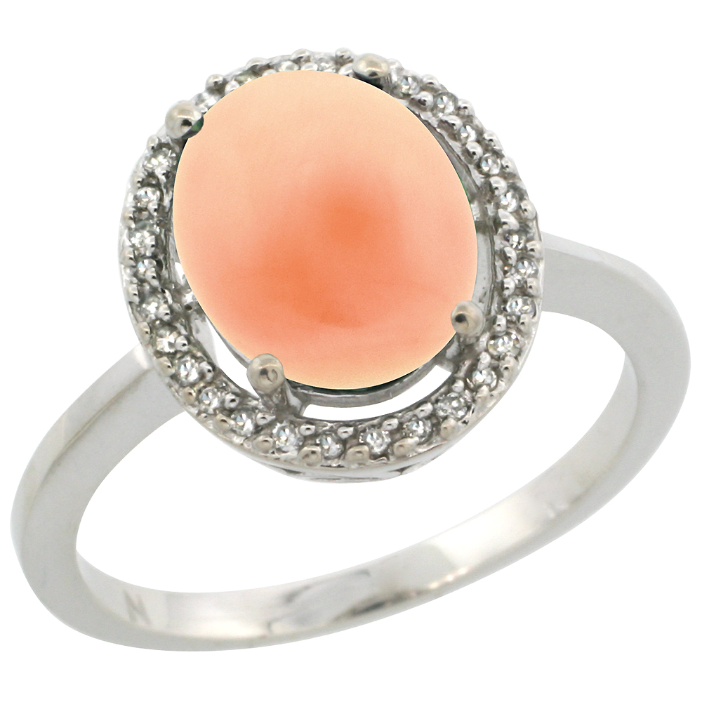 10K White Gold Diamond Halo Natural Coral Engagement Ring Oval 10x8 mm, sizes 5 10
