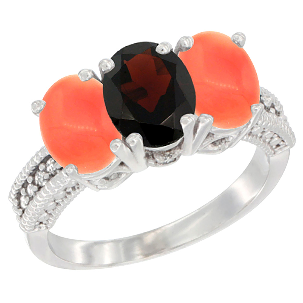 10K White Gold Diamond Natural Garnet & Coral Ring 3-Stone 7x5 mm Oval, sizes 5 - 10