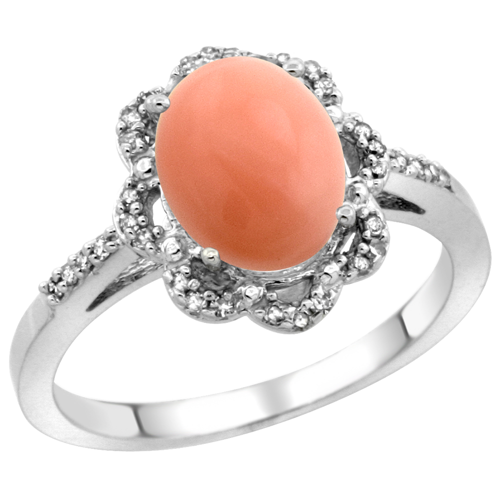 10K White Gold Diamond Halo Natural Coral Engagement Ring Oval 9x7mm, sizes 5-10