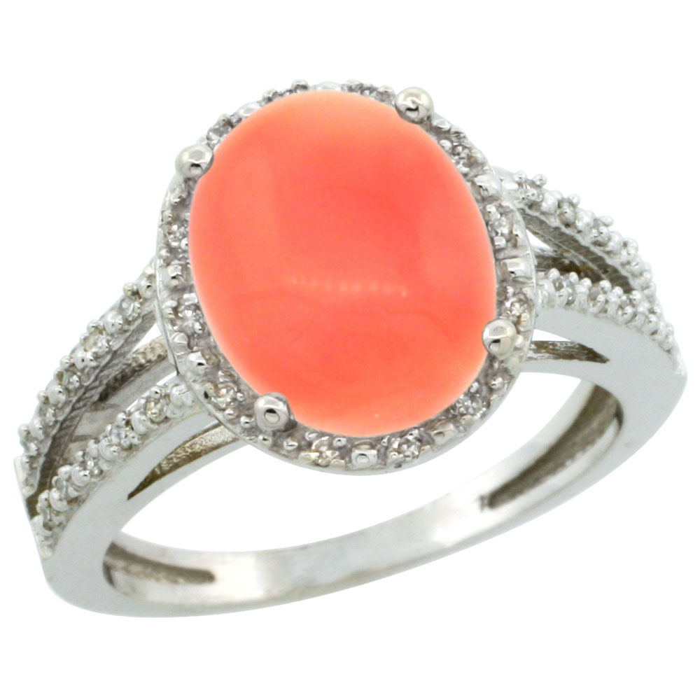 14K White Gold Natural Coral Diamond Halo Ring Oval 11x9mm, sizes 5-10