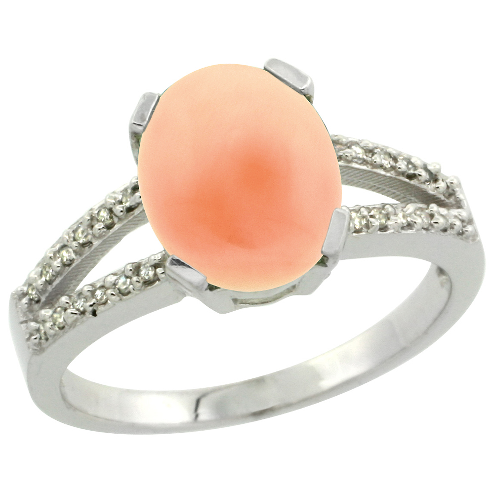 10K White Gold Diamond Natural Coral Engagement Ring Oval 10x8mm, sizes 5-10