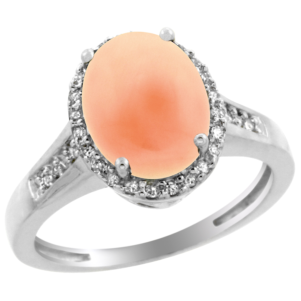 10K White Gold Diamond Natural Coral Engagement Ring Oval 10x8mm, sizes 5-10