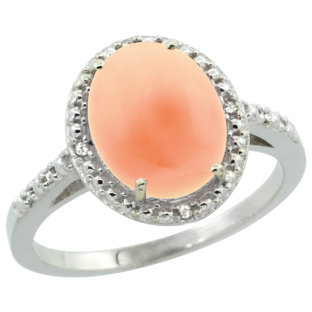 14K White Gold Diamond Natural Coral Engagement Ring Oval 10x8mm, sizes 5-10