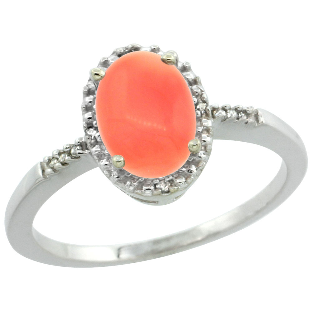 10K White Gold Diamond Natural Coral Ring Oval 8x6mm, sizes 5-10
