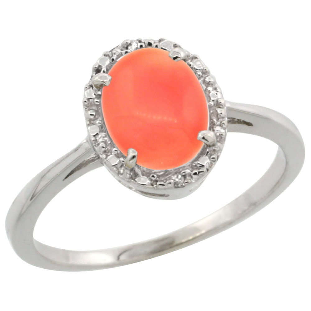 14K White Gold Natural Coral Ring Oval 8x6 mm Diamond Halo, sizes 5-10