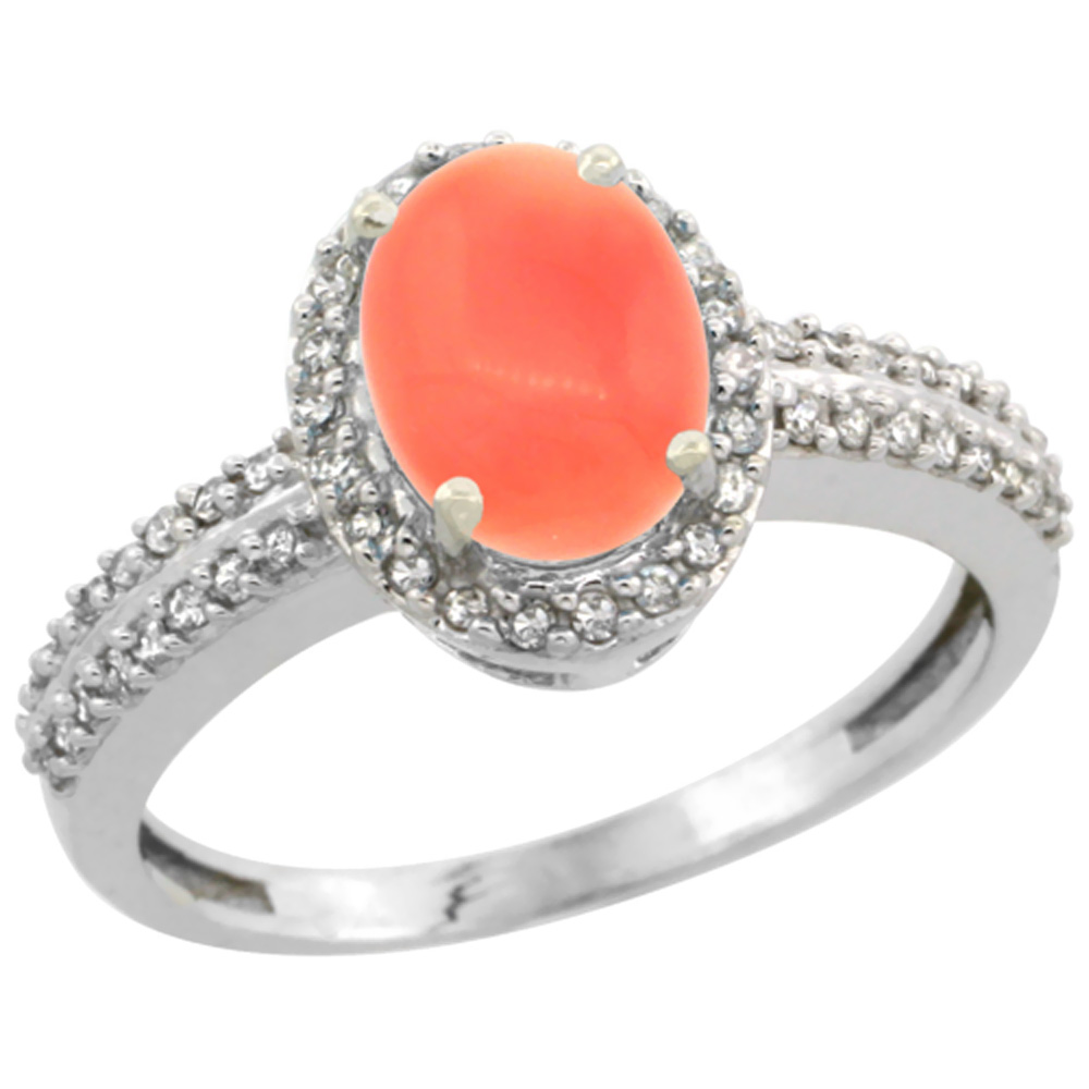 10k White Gold Natural Coral Ring Oval 8x6mm Diamond Halo, sizes 5-10