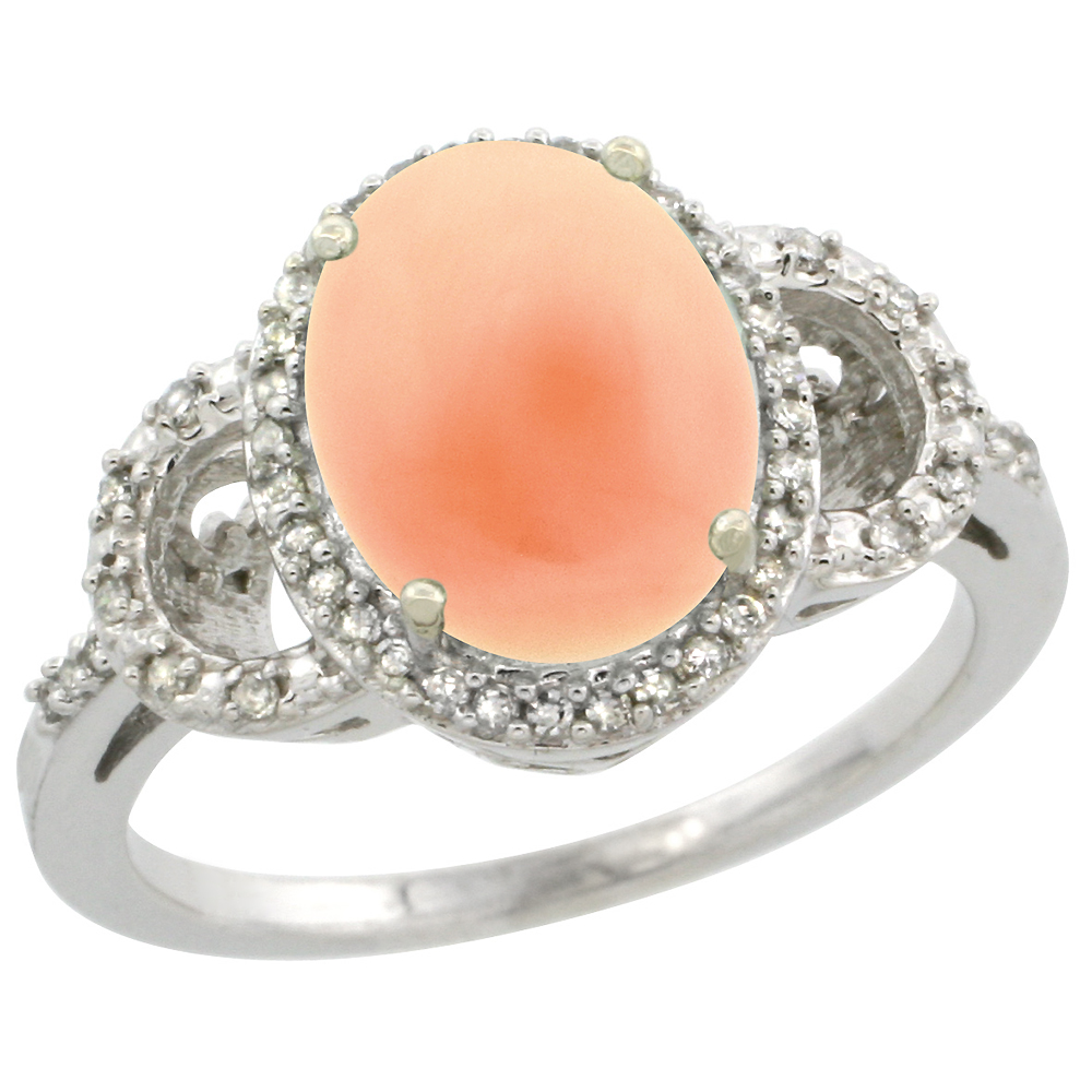 14K White Gold Diamond Natural Coral Engagement Ring Oval 10x8mm, sizes 5-10