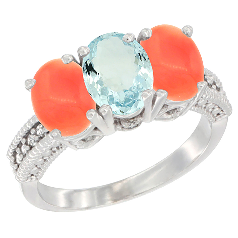 14K White Gold Natural Aquamarine Ring with Coral 3-Stone 7x5 mm Oval Diamond Accent, sizes 5 - 10