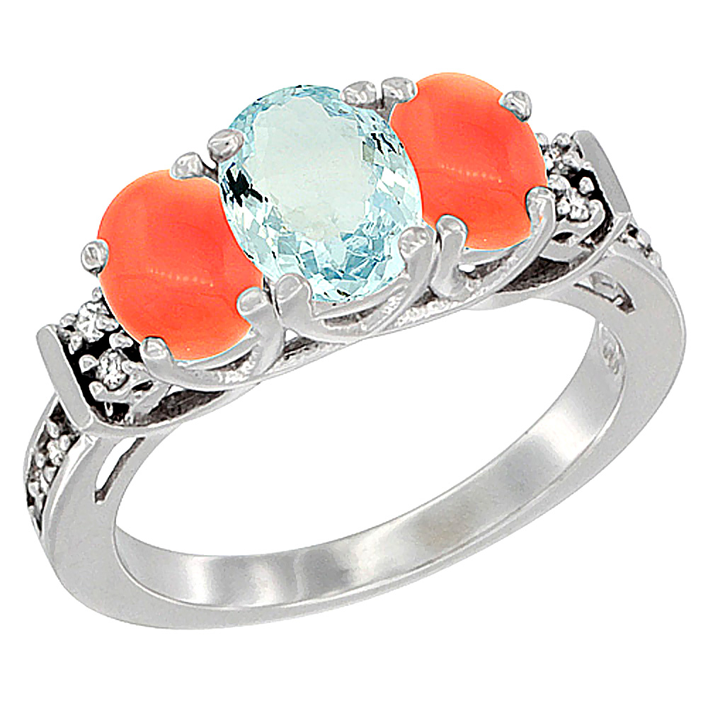 14K White Gold Natural Aquamarine &amp; Coral Ring 3-Stone Oval Diamond Accent, sizes 5-10