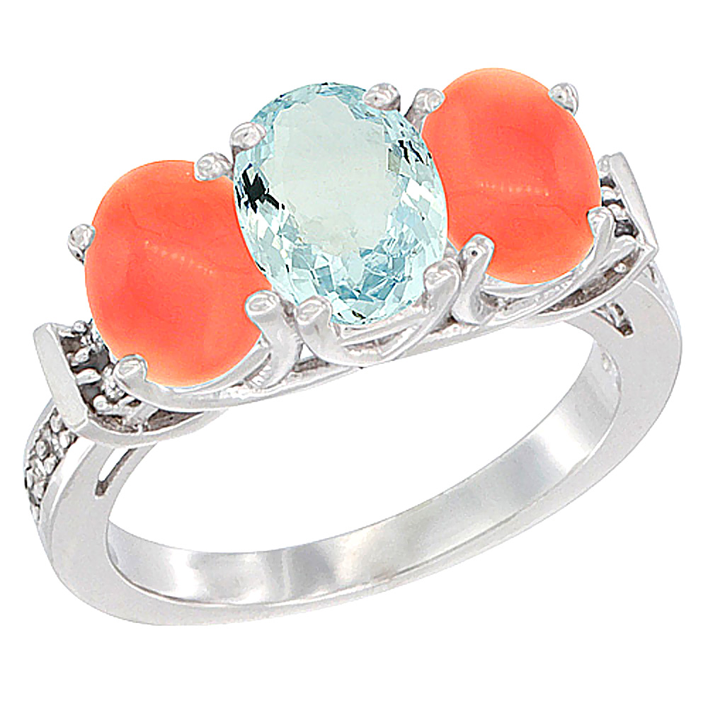 14K White Gold Natural Aquamarine & Coral Sides Ring 3-Stone Oval Diamond Accent, sizes 5 - 10