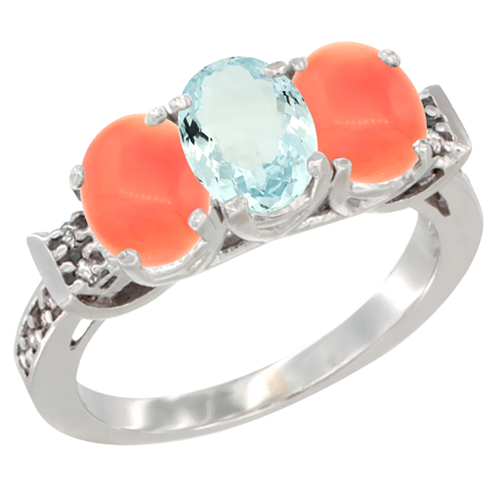 10K White Gold Natural Aquamarine &amp; Coral Sides Ring 3-Stone Oval 7x5 mm Diamond Accent, sizes 5 - 10