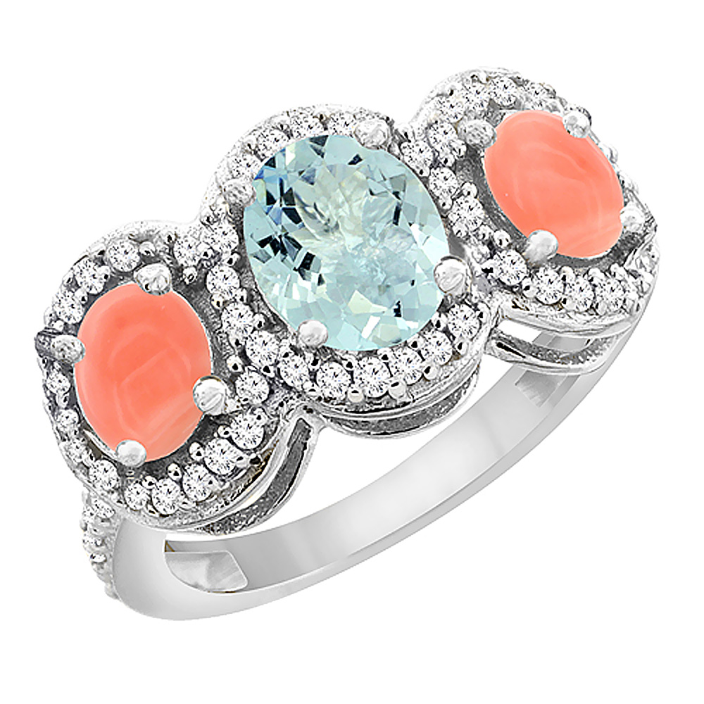 14K White Gold Natural Aquamarine &amp; Coral 3-Stone Ring Oval Diamond Accent, sizes 5 - 10