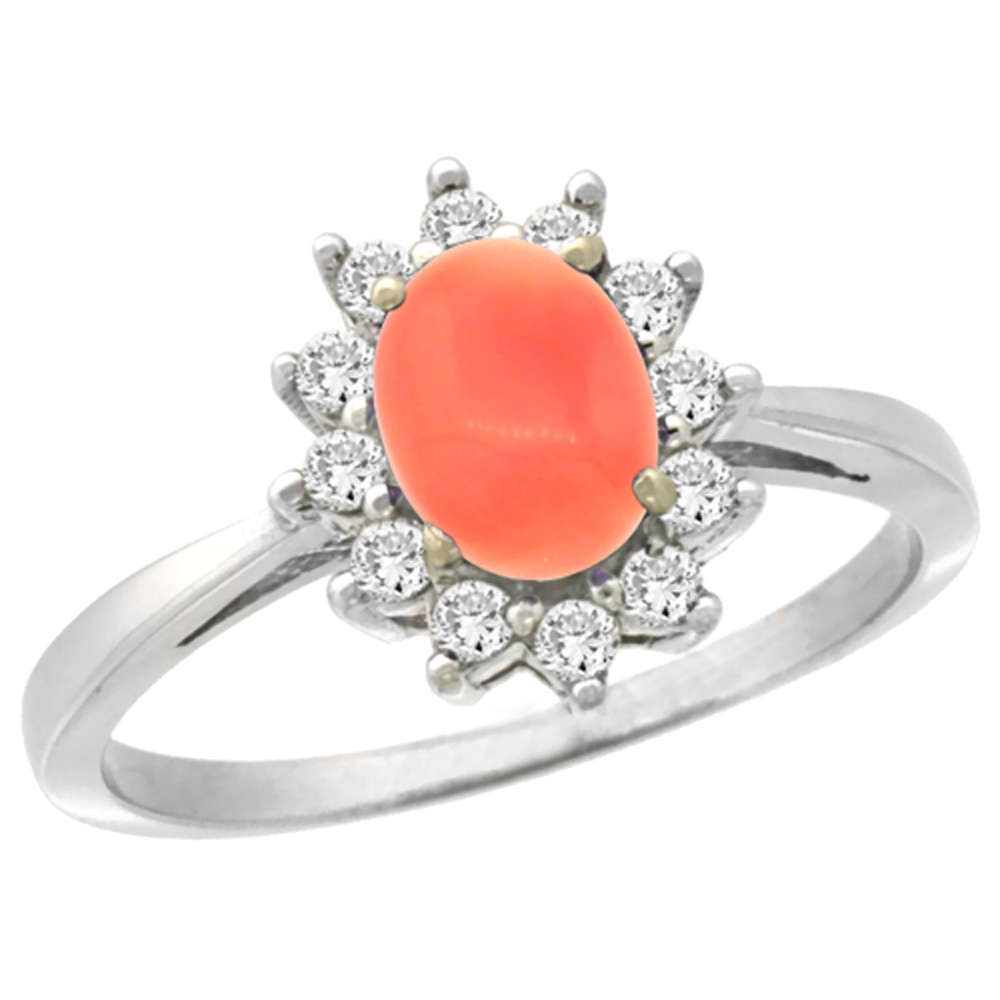 14K White Gold Natural Coral Engagement Ring Oval 7x5mm Diamond Halo, sizes 5-10