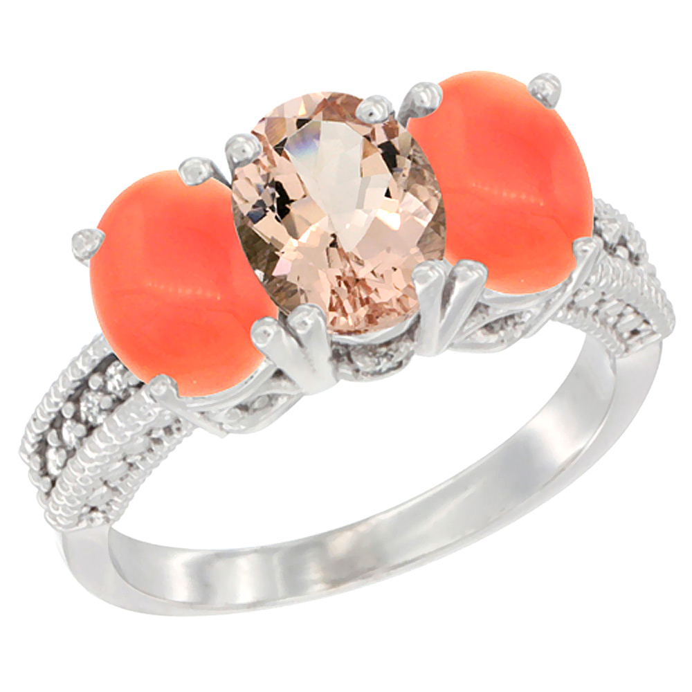 10K White Gold Diamond Natural Morganite & Coral Ring 3-Stone 7x5 mm Oval, sizes 5 - 10