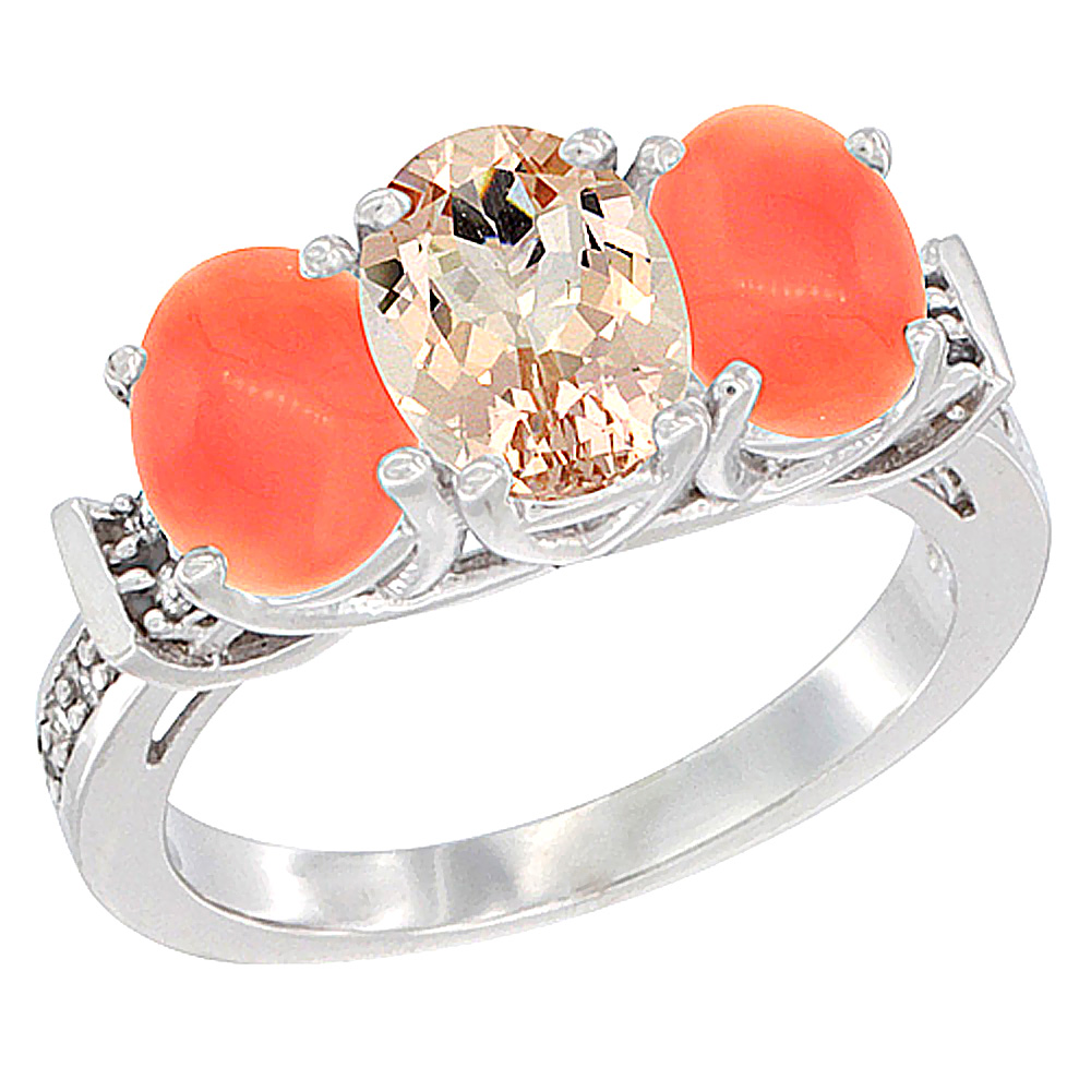 14K White Gold Natural Morganite &amp; Coral Sides Ring 3-Stone Oval Diamond Accent, sizes 5 - 10