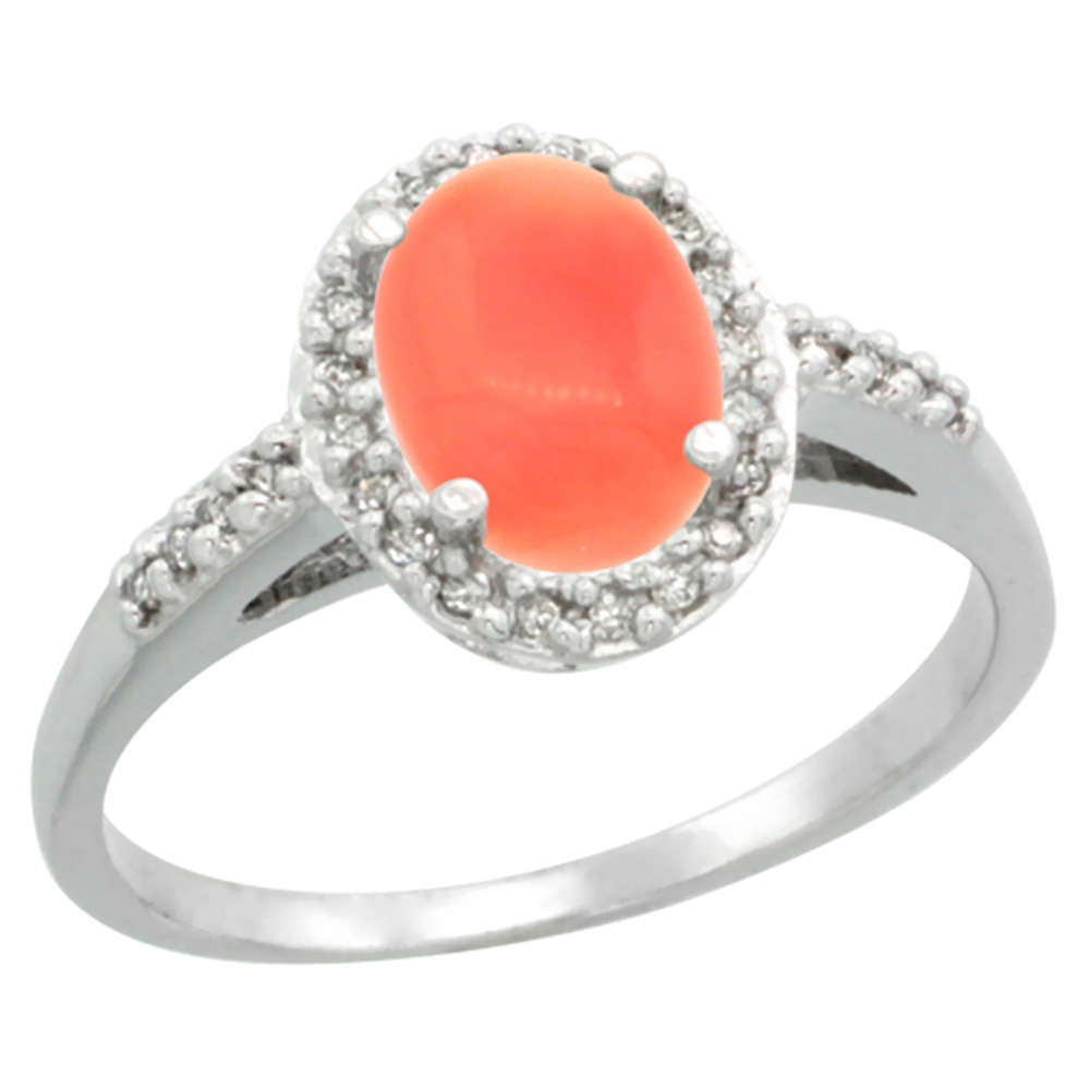 14K White Gold Diamond Natural Coral Ring Oval 8x6mm, sizes 5-10