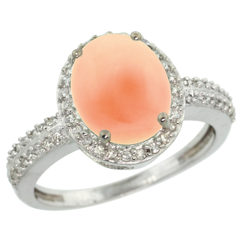 10K White Gold Diamond Natural Coral Engagement Ring Oval 10x8mm, sizes 5-10