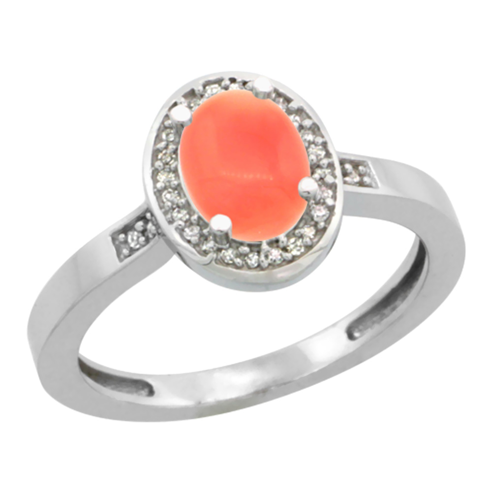 10K White Gold Diamond Natural Coral Engagement Ring Oval 7x5mm, sizes 5-10