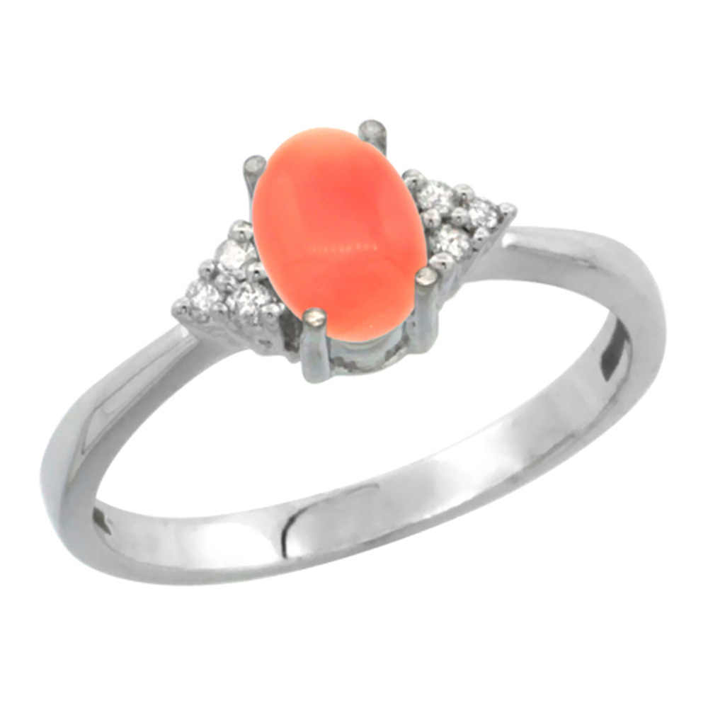 10K White Gold Diamond Natural Coral Engagement Ring Oval 7x5mm, sizes 5-10