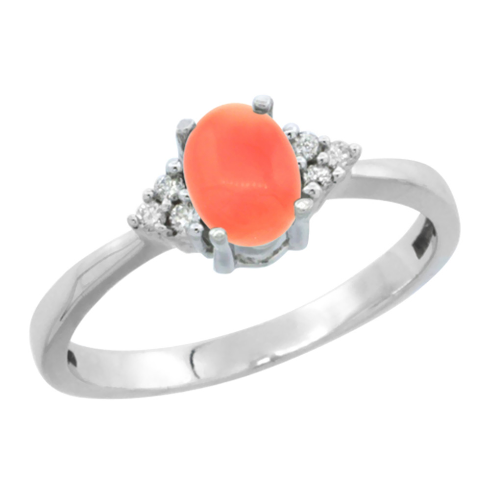 10K White Gold Natural Coral Ring Oval 6x4mm Diamond Accent, sizes 5-10