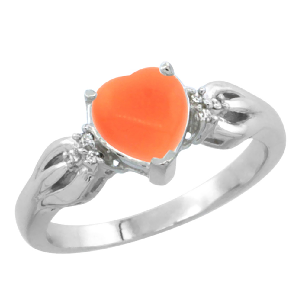 14K White Gold Natural Coral Ring Heart-shape 7x7mm Diamond Accent, sizes 5-10