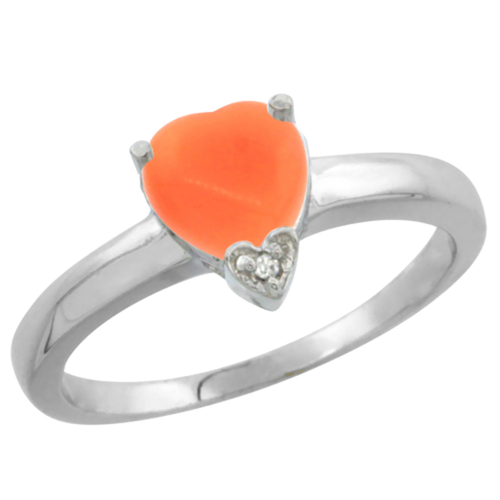 10K White Gold Natural Coral Heart 7x7mm Diamond Accent, sizes 5-10