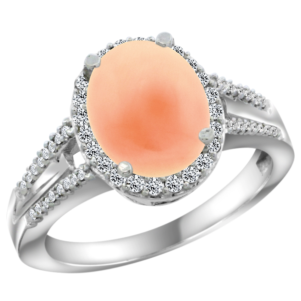 10K White Gold Diamond Natural Coral Engagement Ring Oval 10x8mm, sizes 5-10