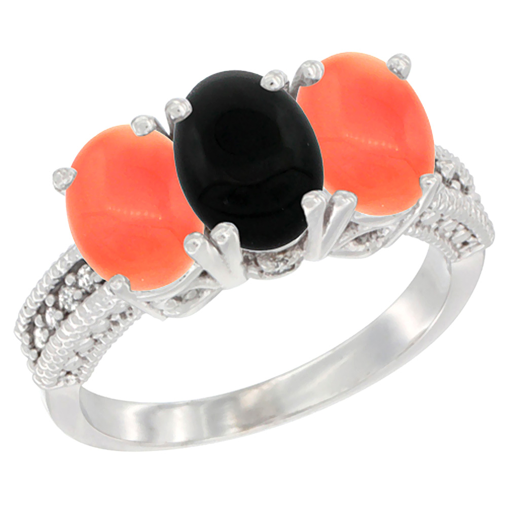 10K White Gold Diamond Natural Black Onyx & Coral Ring 3-Stone 7x5 mm Oval, sizes 5 - 10