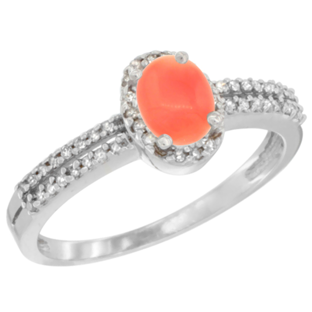 10K White Gold Natural Coral Ring Oval 6x4mm Diamond Accent, sizes 5-10