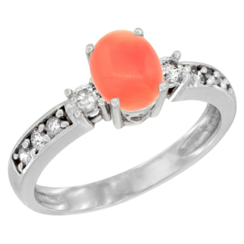 14K Yellow Gold Natural Coral Ring Oval 7x5 mm Diamond Accent, sizes 5 - 10