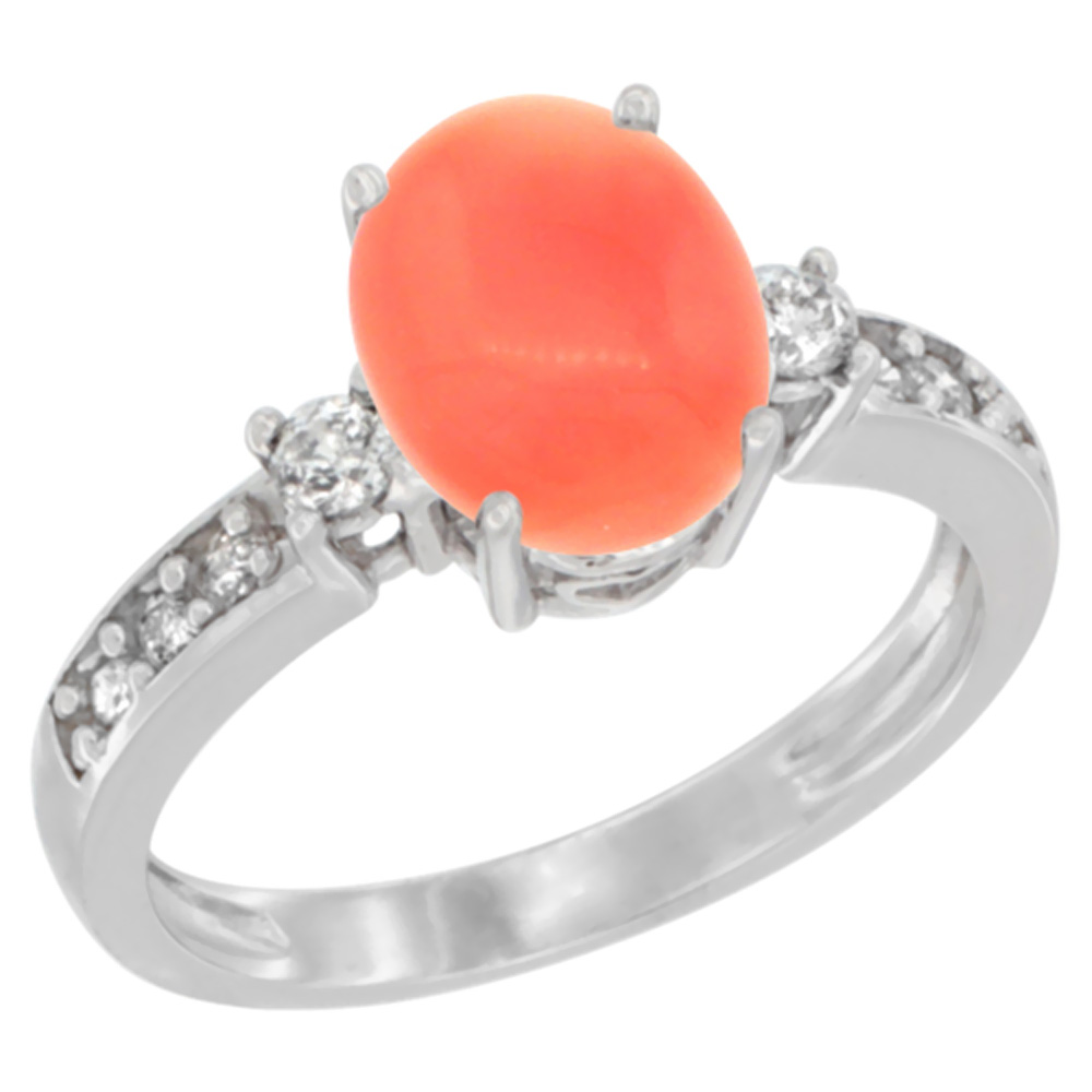 14K Yellow Gold Natural Coral Ring Oval 9x7 mm Diamond Accent, sizes 5 - 10