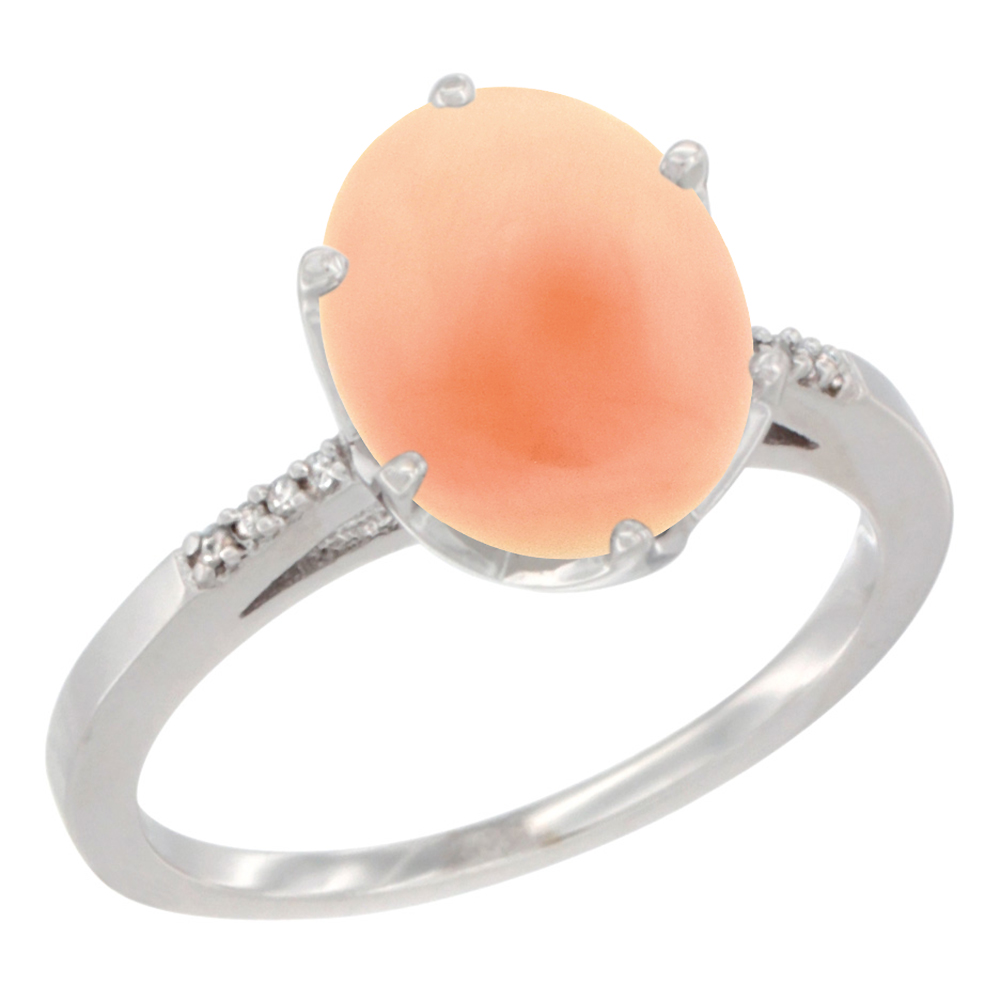 10K White Gold Natural Coral Engagement Ring 10x8 mm Oval, sizes 5 - 10