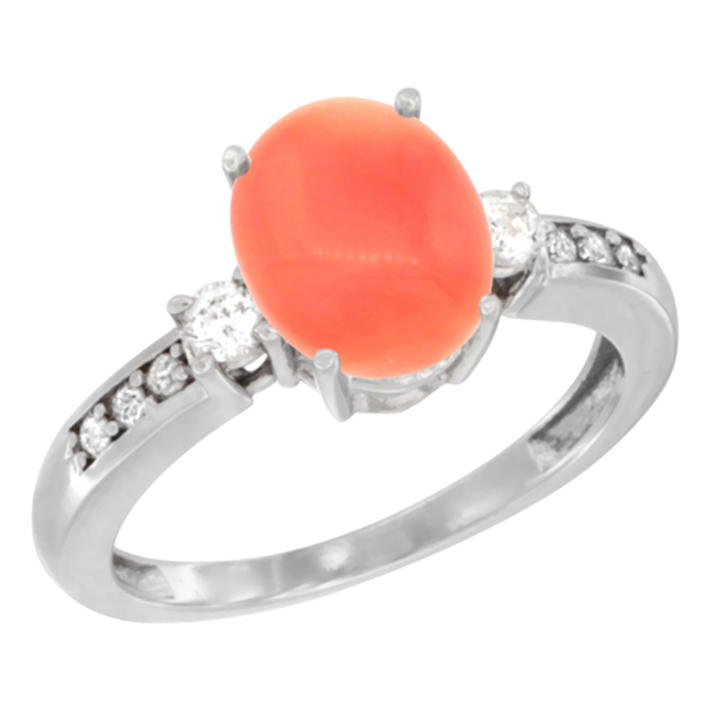 14K White Gold Natural Coral Ring Oval 9x7 mm Diamond Accent, sizes 5 - 10