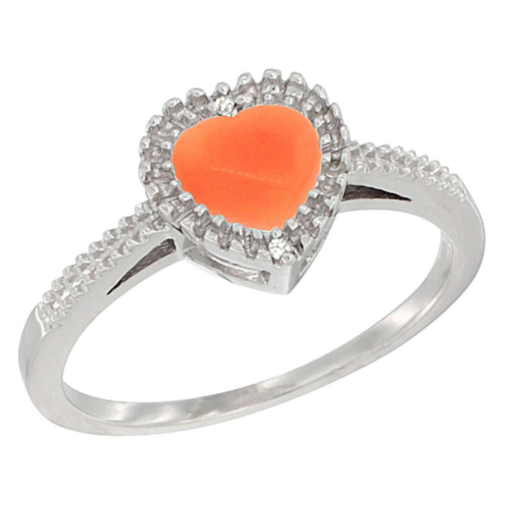 14K White Gold Natural Coral Ring Heart 6x6 mm, sizes 5 - 10