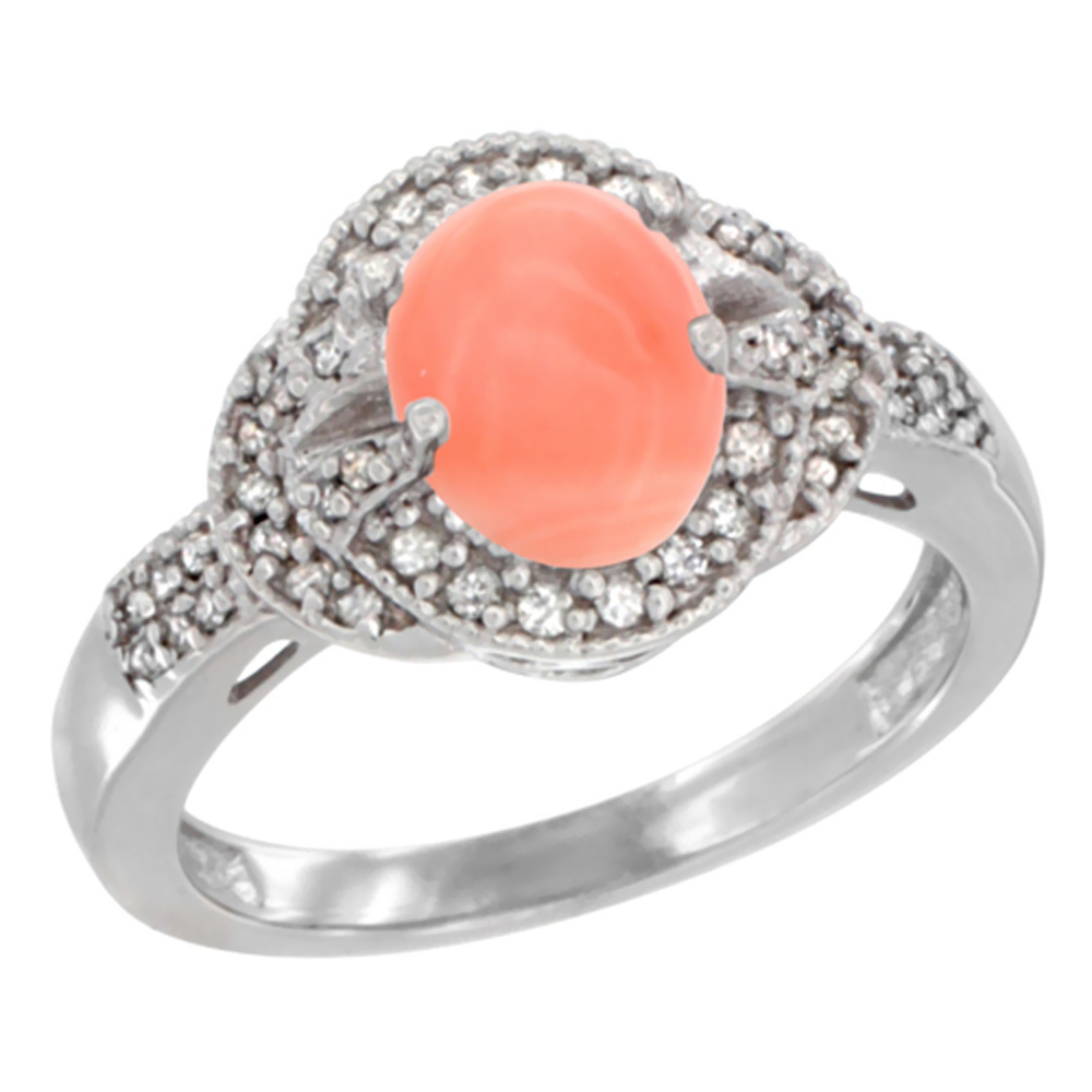 10K White Gold Natural Coral Ring Oval 8x6 mm Diamond Accent, sizes 5 - 10