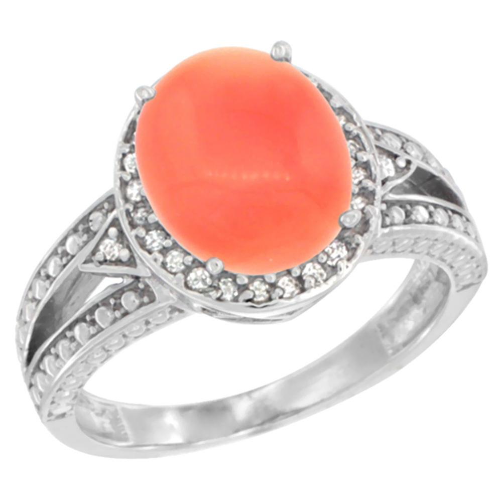 10k White Gold Natural Coral Ring Oval 9x7 mm Diamond Halo, sizes 5 - 10
