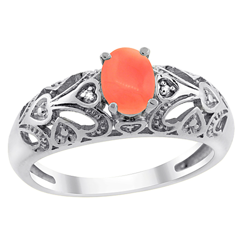 10K Yellow Gold Natural Coral Ring Oval 6x4 mm Diamond Accent, sizes 5 - 10