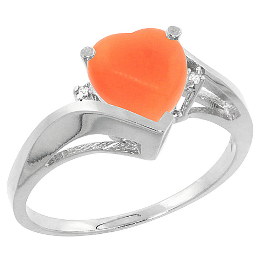 10K White Gold Natural Coral Heart Ring 7mm Diamond Accent, sizes 5 - 10