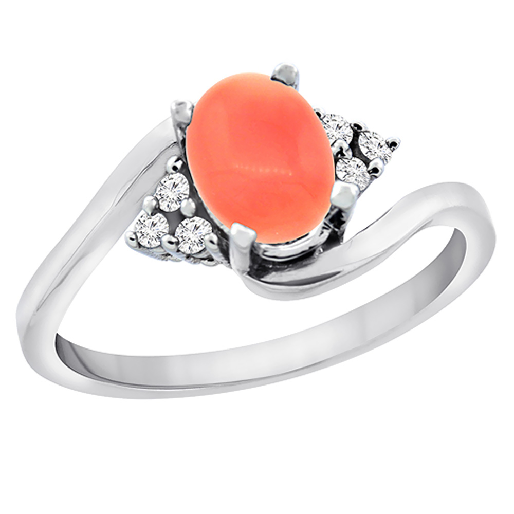 10K White Gold Diamond Natural Coral Engagement Ring Oval 7x5mm, sizes 5 - 10